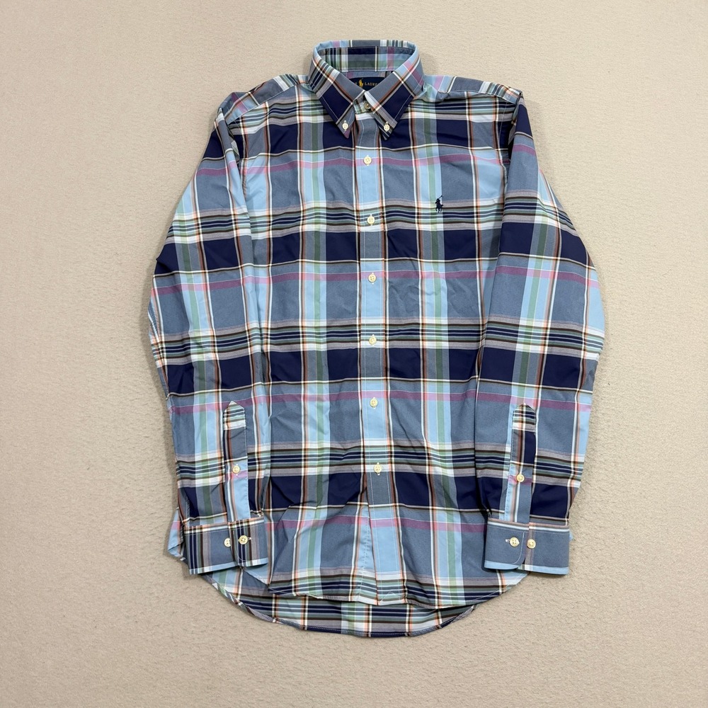 Polo Ralph Lauren Button Down Shirt Men's Medium Blue Performance Plaid Stretch